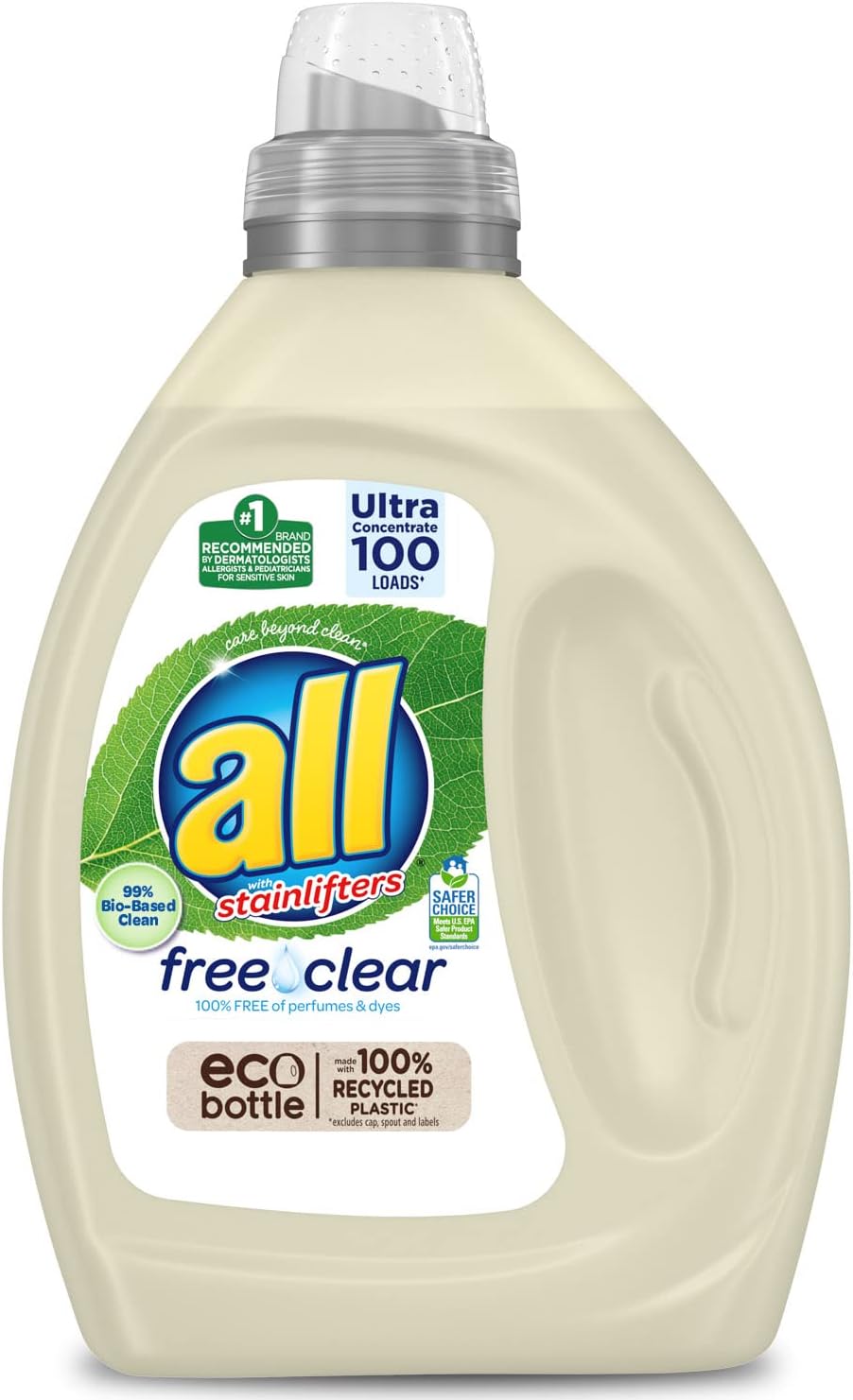 All Laundry Detergent Liquid, Free Clear Eco, Plant-Based Clean, Ultra-Concentrated, 100 Loads