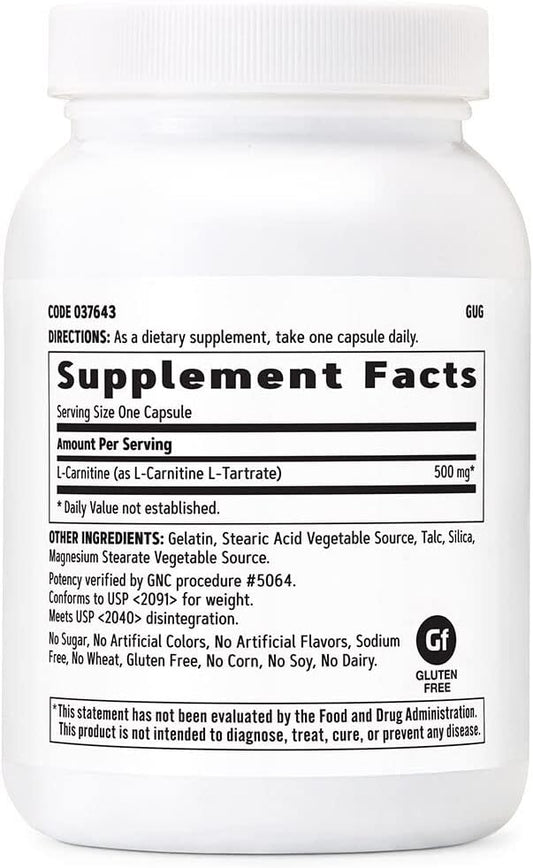 Gnc L-Carnitine 500Mg, 60 Capsules, Helps Metabolize Long-Chain Fatty Acids