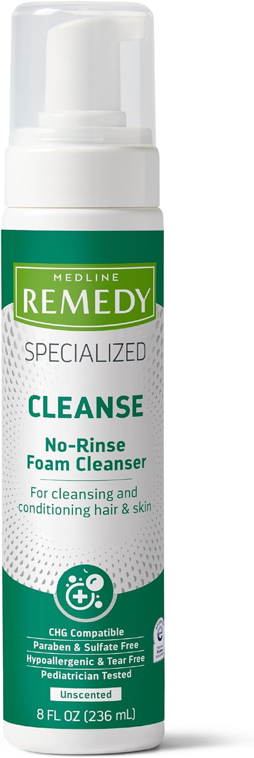 Medline Remedy Specialized No-Rinse Foam Cleanser (8 oz), Unscented, Moisturizing Body Wash, Incontinence Care, Skin Nourishing, For Hair and Dry Skin, Gentle, Eczema Seal, Sulfate-Free