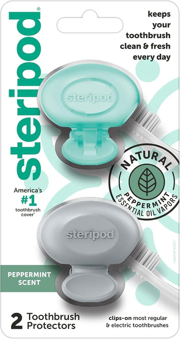Steripod Clip-On Toothbrush Protector With Peppermint Essential Oils, Keeps Toothbrush Fresh And Clean, Travel Accessories, Fits Most Manual And Electric Toothbrushes, 2 Count