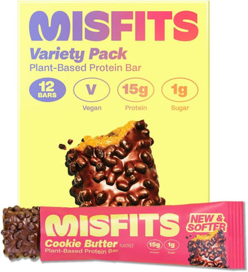 Misfits Vegan Protein Bars - Updated Recipe | Low Sugar & Carb, High Fibre Snacks | Variety Pack Of 12 (4 Flavours)