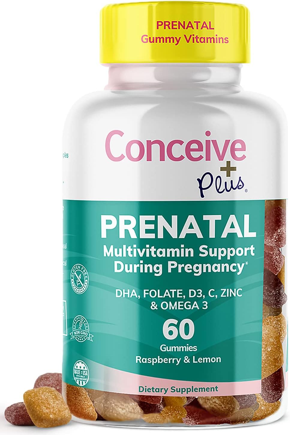 CONCEIVE PLUS Prenatal Gummies - DHA, Folic Acid, Vitamin D3, C, Zinc, and Omega 3, Natural Lemon + Raspberry Flavor, 60 Count, 30 Day Supply : Health & Household