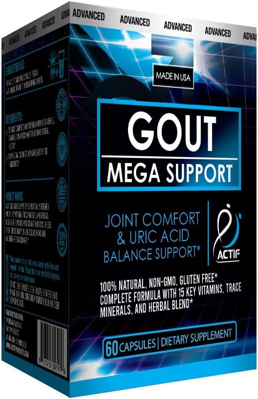Actif Gout Mega Support With 15 Advanced Factors - Balances Uric Acid Levels - Non-Gmo, Fast-Acting, Made In Usa, 60 Count