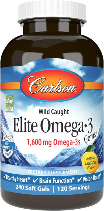 Carlson Elite Omega 3 Gems, 1600mg, Lemon Flavored, 240 Softgels