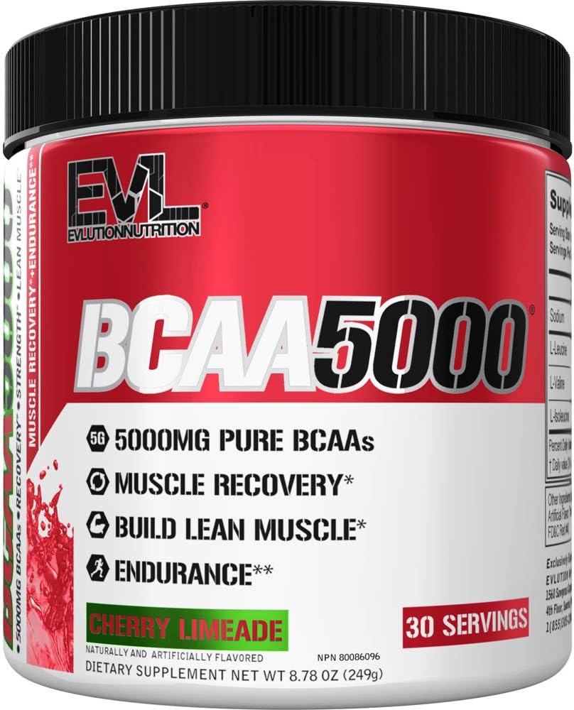 Evlution EVL BCAAs Amino Acids Powder - BCAA Powder Post Workout Recovery Drink and Stim Free Pre Workout Energy Drink Powder - 5g Branched Chain Amino Acids Supplement for Men - Cherry Limeade