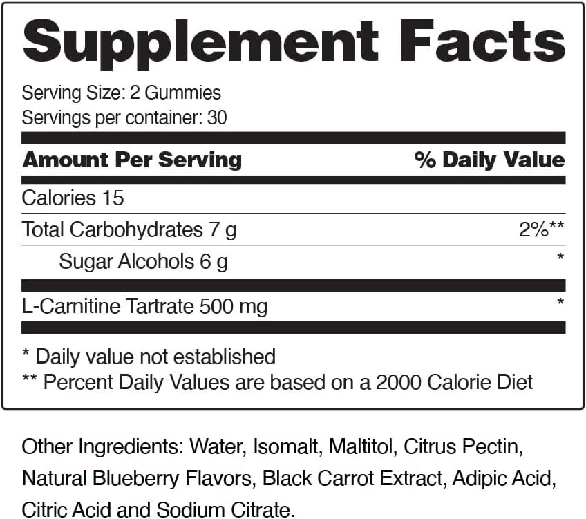 Sugar Free L Carnitine 500mg Gummy - Natural Pre Workout L-Carnitine Supplement - Increased Energy, Faster Recovery, Boost Metabolism, Pre Workout for Women & Men, Blueberry Flavor (60 Gummies) : Health & Household