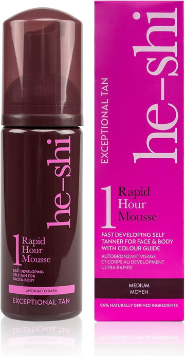 He-Shi Self Tan Mousse - Rapid 1 Hour Tan Instant Self Tanner - Quick Dry Formula, Natural Ingredients, Tropical Smell - Fast Developing Formula For Face & Body