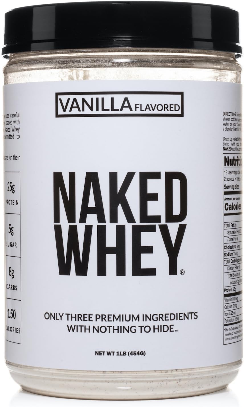 Naked Vanilla Whey Protein 1Lb, Only 3 Ingredients, All Natural Grass Fed Whey Protein Powder + Vanilla + Coconut Sugar- Gmo-Free, Soy Free, Gluten Free. Aid Muscle Growth, 12 Servings