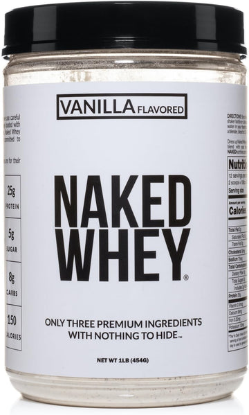 Naked Vanilla Whey Protein 1Lb, Only 3 Ingredients, All Natural Grass Fed Whey Protein Powder + Vanilla + Coconut Sugar- Gmo-Free, Soy Free, Gluten Free. Aid Muscle Growth, 12 Servings