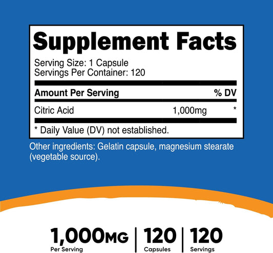 Nutricost Citric Acid 1000Mg (1 Gram), 120 Capsules - Gluten Free, Non-Gmo