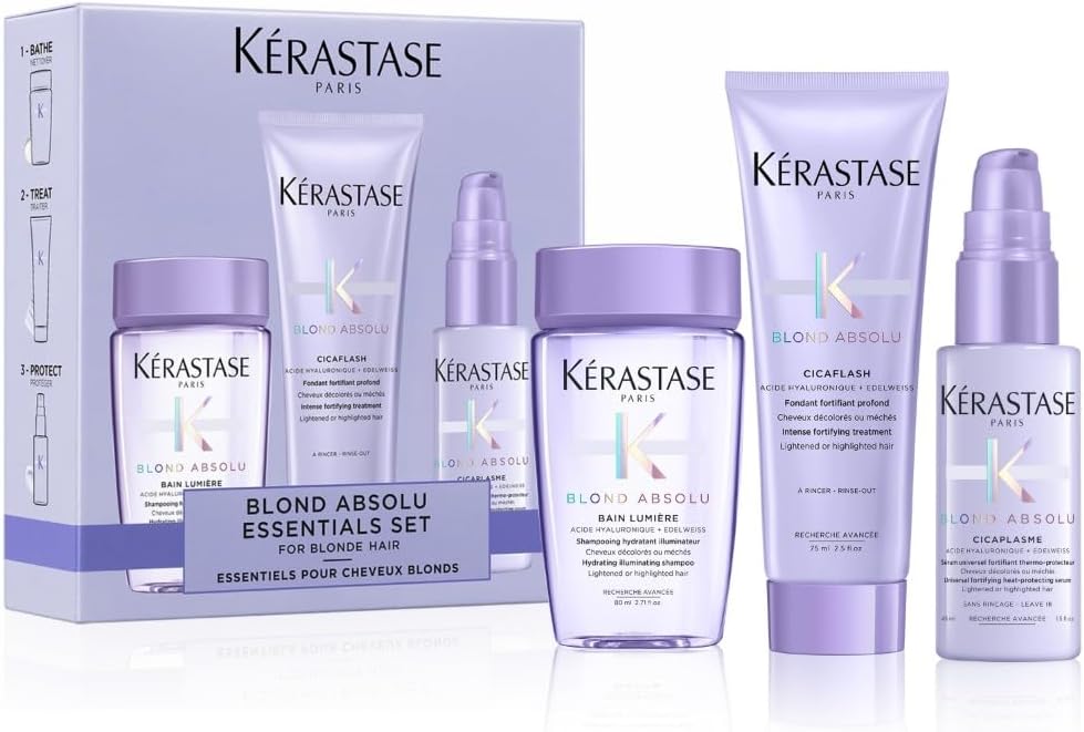 Kérastase Blond Absolu Discovery Set, With Illuminating Shampoo, Nourishing Conditioner And Fortifying Heat Protection Serum, With Hyaluronic Acid, For Blonde And Bleached Hair, Travel Size