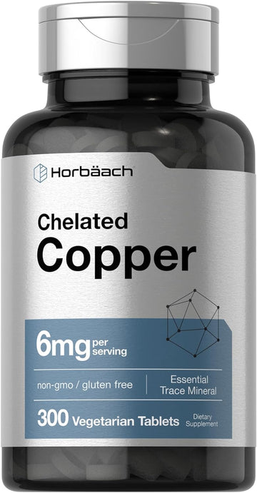 Horbäach Chelated Copper Supplement 6mg | 300 Tablets | Essential Trace Mineral | Vegetarian, Non-GMO, Gluten Free