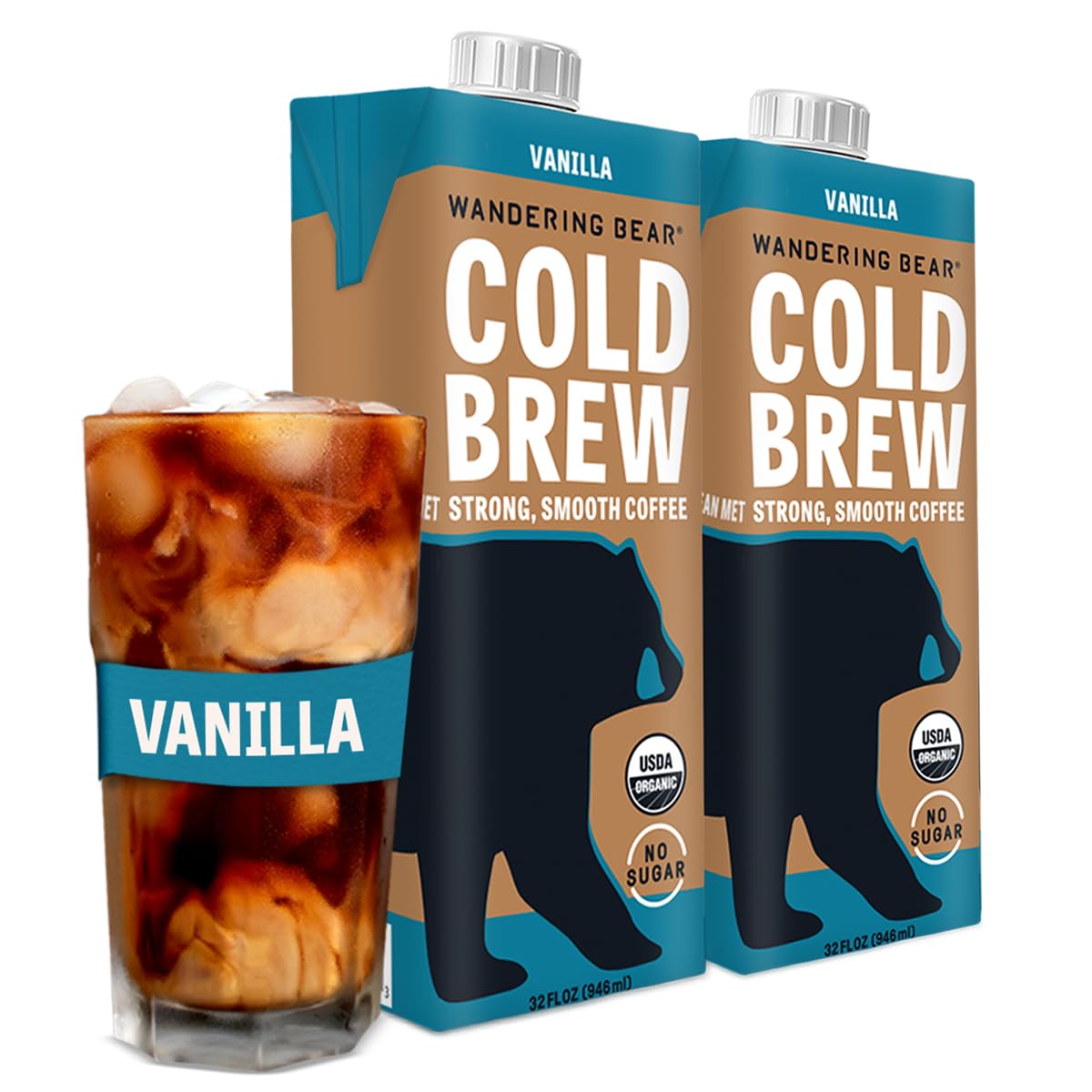 Wandering Bear Organic Vanilla Cold Brew Coffee, 32 Fl Oz, 2 Pack - Extra Strong, Smooth, Organic, Unsweetened, Shelf-Stable, And Ready To Drink Iced Coffee, Cold Brewed Coffee, Cold Coffee