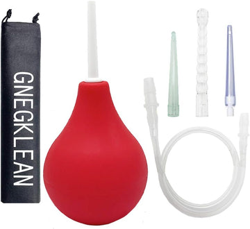 GNEGKLEAN Black Silicone Enema Bulb Kit 7.6oz Clean Anal Douche for Men Women with 19.7in Hose+4 Replaceable Nozzle (Red)