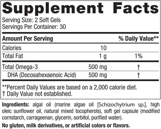 Nordic Naturals Algae DHA - 60 Soft Gels - 500 mg Omega-3 DHA - Certif