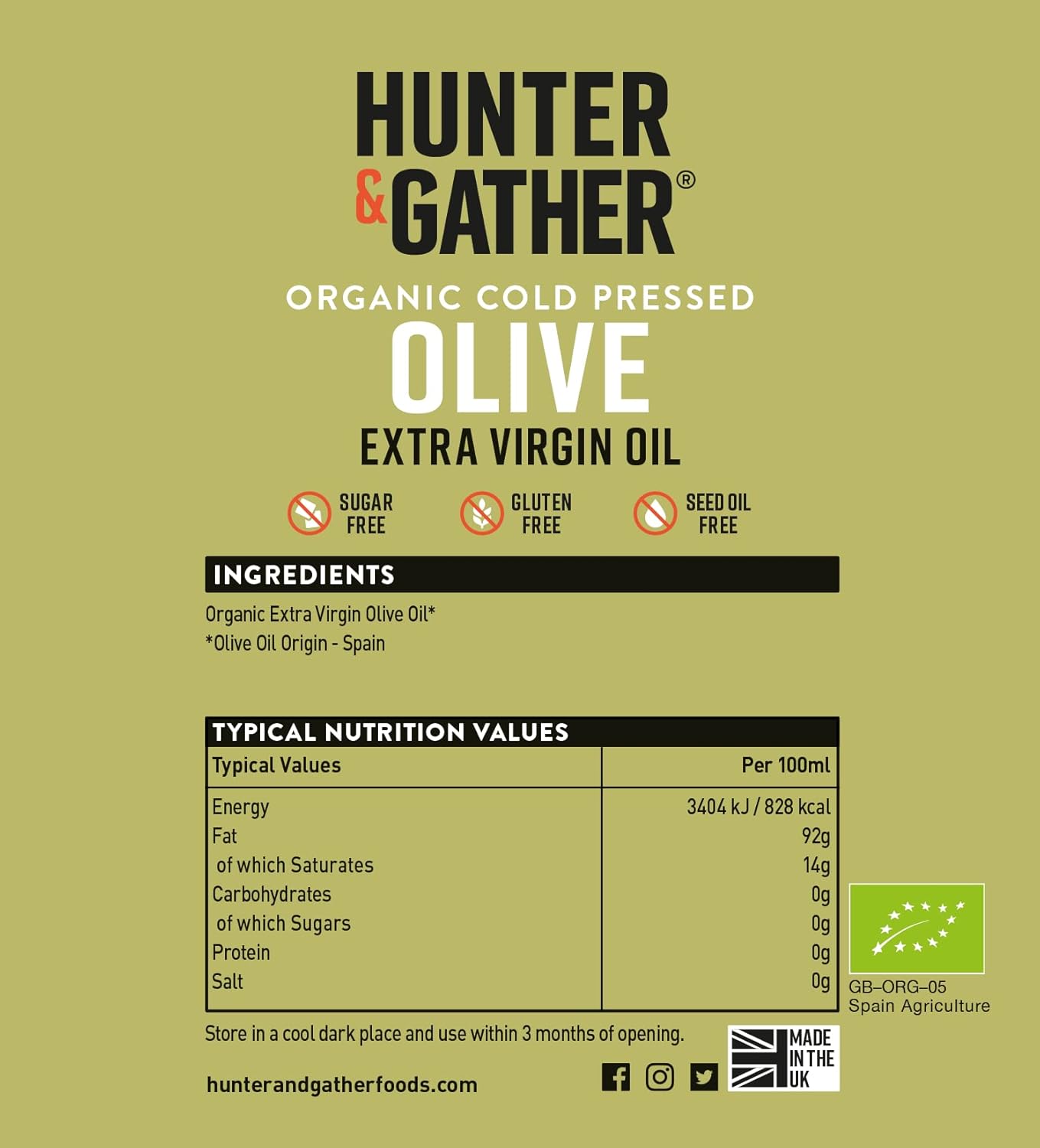 Hunter & Gather Extra Virgin Olive Oil - 500ml | Organic and Cold Pressed | Perfect for Drizzling, Dipping and Dressing | Keto, Low Carb & Paleo : Amazon.co.uk: Grocery