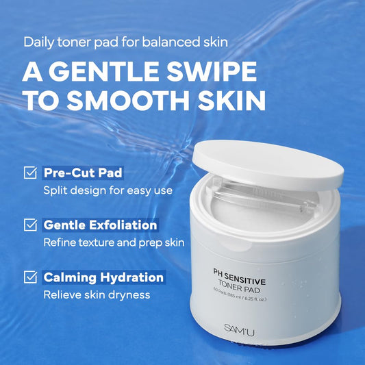 Sam’U Ph Sensitive Toner Pad – Splitable Dual-Textured Vegan Facial Exfoliating Pads With Hyaluronic Acid & Panthenol For Daily Hydration & Soothing - Korean Skin Care (60 Pads)
