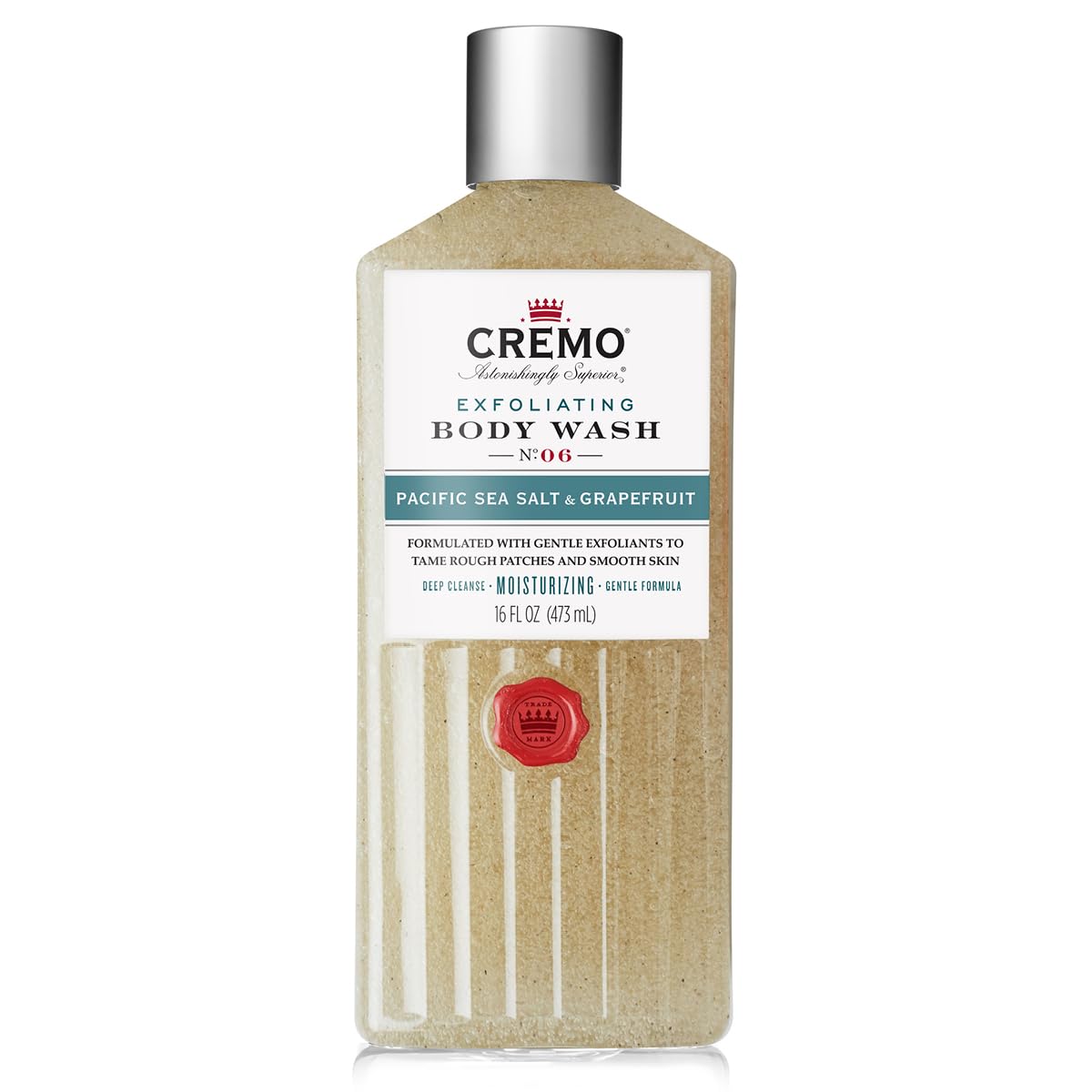 Cremo Rich-Lathering Exfoliating Pacific Sea Salt & Grapefruit Body Wash for Men, A Refreshing Scent with Notes of Fresh Mint, Citron, Cedar and Moss, 16 Fl Oz