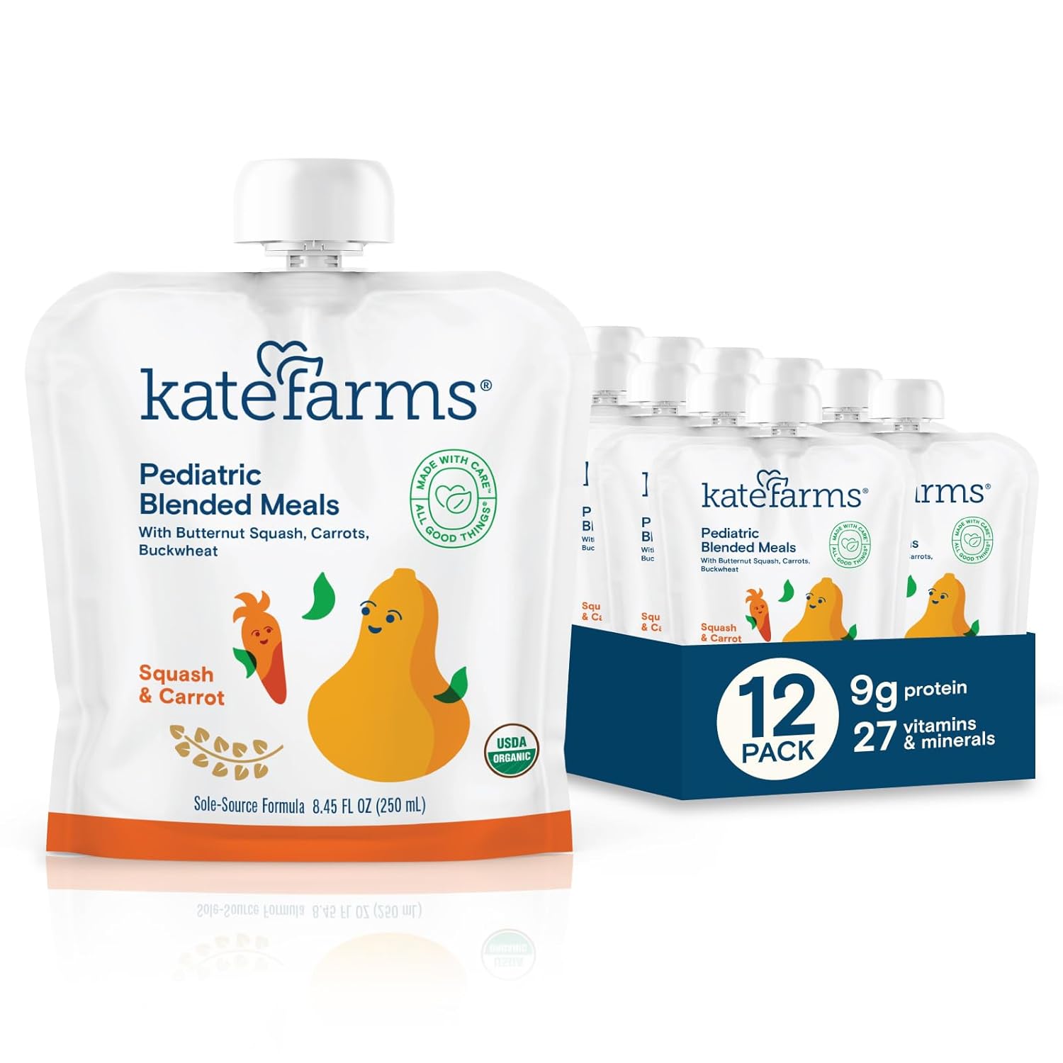 Kate Farms Organic Pediatric Blended Meal, Squash And Carrot, 8G Protein, Organic Whole Foods, Oral Or Tube Feed Nutrition, Gluten Free, Non-Gmo, 8.45 Oz (12 Pack)