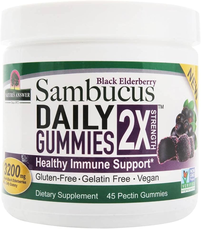 Nature's Answer Black Elderberry Sambucus Daily Gummies, 2X Strength, 3,200 mg, 45 Pectin Gummies