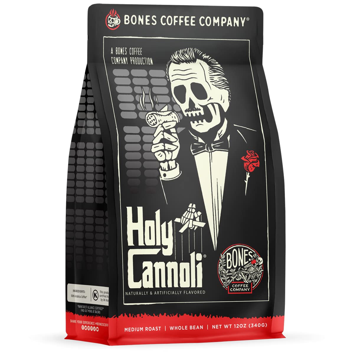 Bones Coffee Company Holy Cannoli Flavored Ground Coffee Beans Cannoli Flavor | 12 oz Medium Roast Arabica Low Acid Coffee | Gourmet Coffee (Ground)