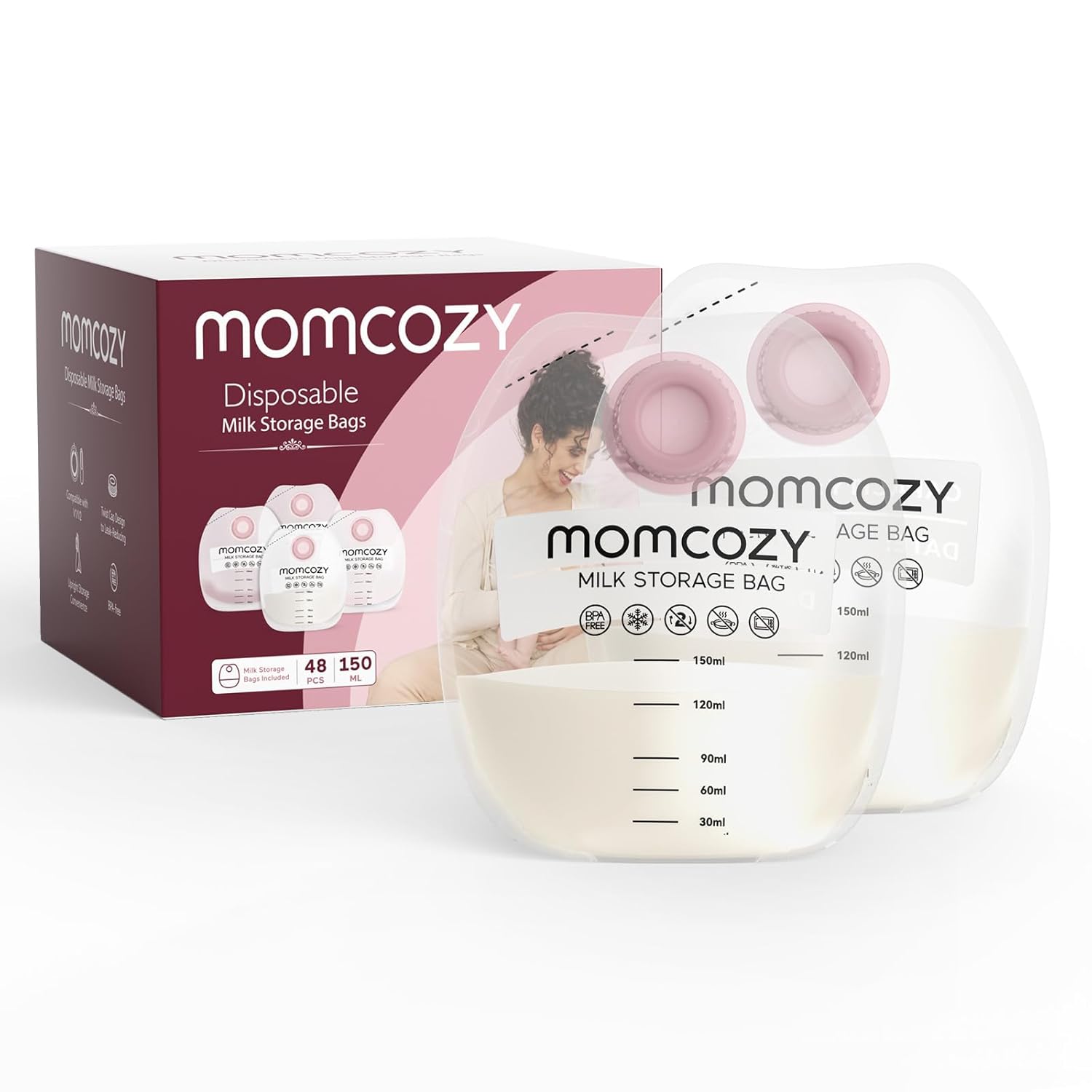 Momcozy Screw-On Breastmilk Storage Bags, 48 Ct, Holds 5 Oz, Disposable & Bpa Free, Original Replacement Accessories Only For Momcozy Direct-To-Bag Breast Milk Bag Combo