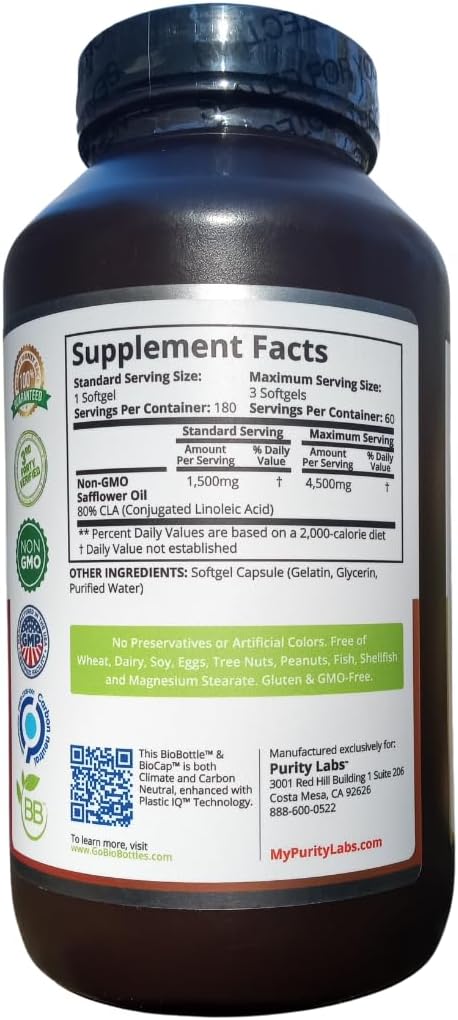 Purity Labs Cla Supplements 4500Mg - Non-Gmo Safflower Oil - Supports Energy, Weight Loss, Heart Health, And Muscle Health - 180 Soft Gels