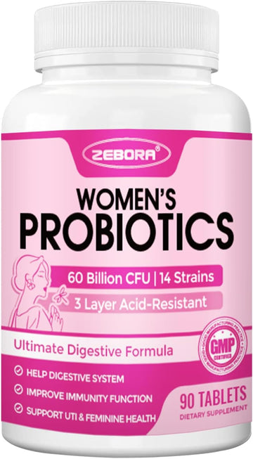 Zebora Probiotics For Women Digestive Health, Prebiotics And Probiotics With 60 Billion For Immune Support And Gut Health, Gluten & Soy Free, 90 Tablets