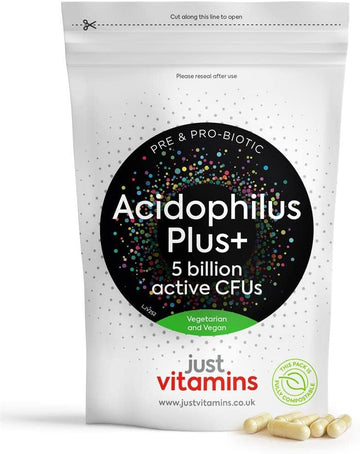 Acidophilus Plus+ Pre & Probiotic Bio Cultures Complex 90 Vegan Capsules, 5 Billion Non Dairy CFU, Multi Strain High Strength Lactobacillus Acidophilus Probiotic Supplement for Men & Women, UK Made