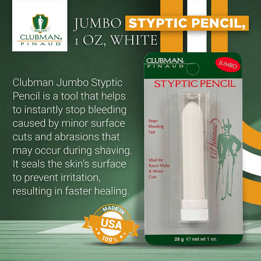 Clubman Jumbo Styptic Pencil, Treat And Seal Shaving Cuts Instantly, Anti-Hemorrhaging Stick, First Aid Device, White, 1 Oz