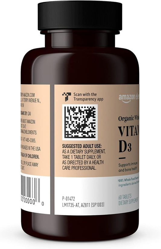 Amazon Elements Organic Whole Food Vitamin D3, 60 tablets