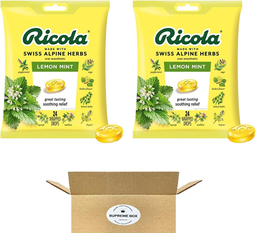 SUPREME BOX RICOLA Herbal Lemon Mint Cough Suppressant Throat Drops - Pack of 2 (48 Drops in Total)