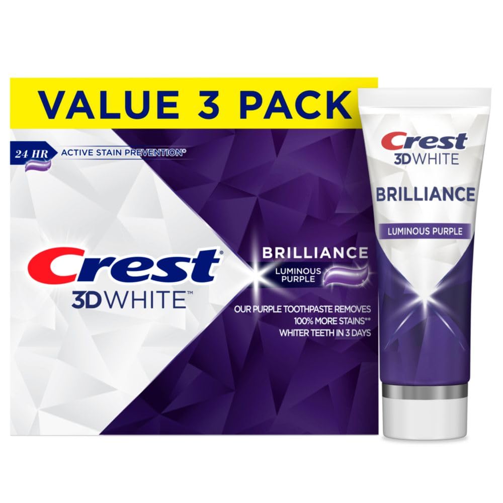 Crest 3D White Brilliance Luminous Purple Teeth Whitening Toothpaste, 4.6 Oz Pack Of 3, Anticavity Fluoride Toothpaste, 100% More Surface Stain Removal, 24 Hour Active Stain Prevention