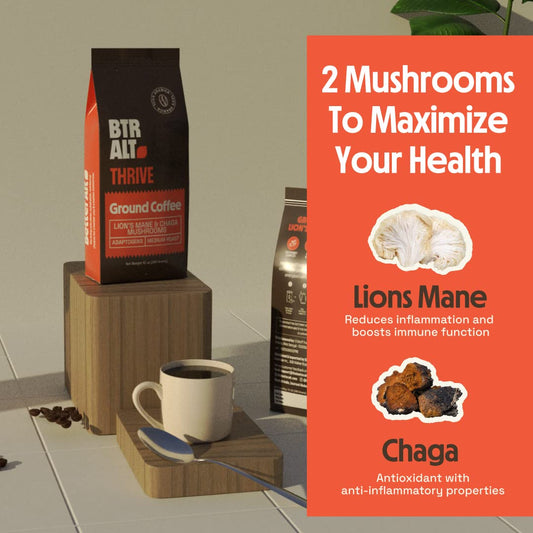 Mushroom Coffee by Better Alt | Ground Coffee Medium Roast | Premium Arabica with Lion's Mane & Chaga | Immune Support, Energy Boost, Enhanced Focus & Concentration | No Crashes & Jitters | 10oz