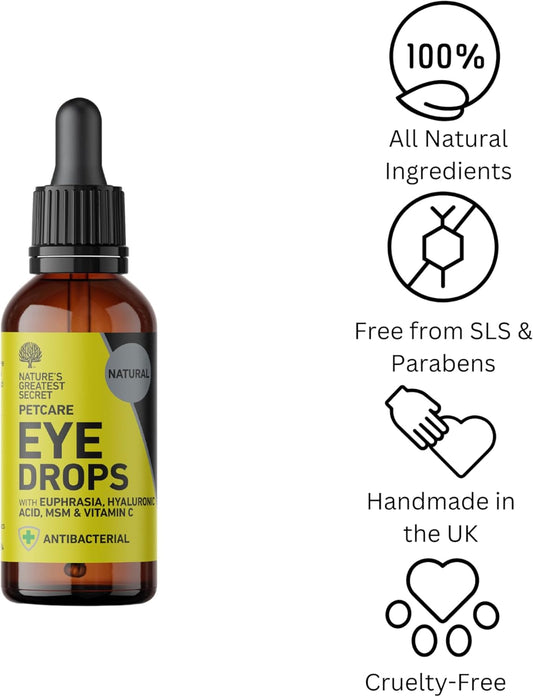 Natures Greatest Secret Antibacterial Eye Drops For Pets, Soothes, Protects & Hydrates With Colloidal Silver, Euphrasia, Hyaluronic Acid, Msm & Vitamin C | 30Ml - All Natural