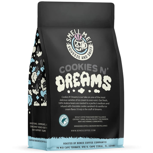 Bones Coffee Company Cookies 'N Dreams Flavored Coffee Beans & Ground Coffee Cookies & Cream Flavor | 12 oz Medium Roast Arabica Low Acid Coffee | Gourmet Coffee (Whole Bean)