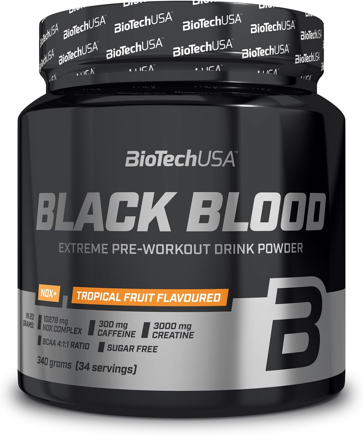 Biotechusa Black Blood Nox+ | Pre-Workout Formula | With Caffeine, Creatine, Tyrosine | Sugar-Free | 340 G | Blood Orange