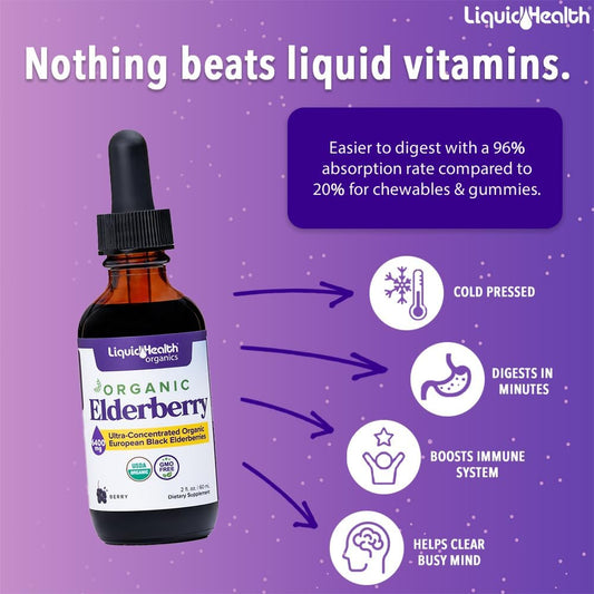 Liquidhealth Usda Organic Elderberry Liquid Drops For Kids And Adults - Liquid Vitamin Supplement, Immune Support Syrup, Antioxidant, Vegan, Non-Gmo, Sugar Free (2 Pack)