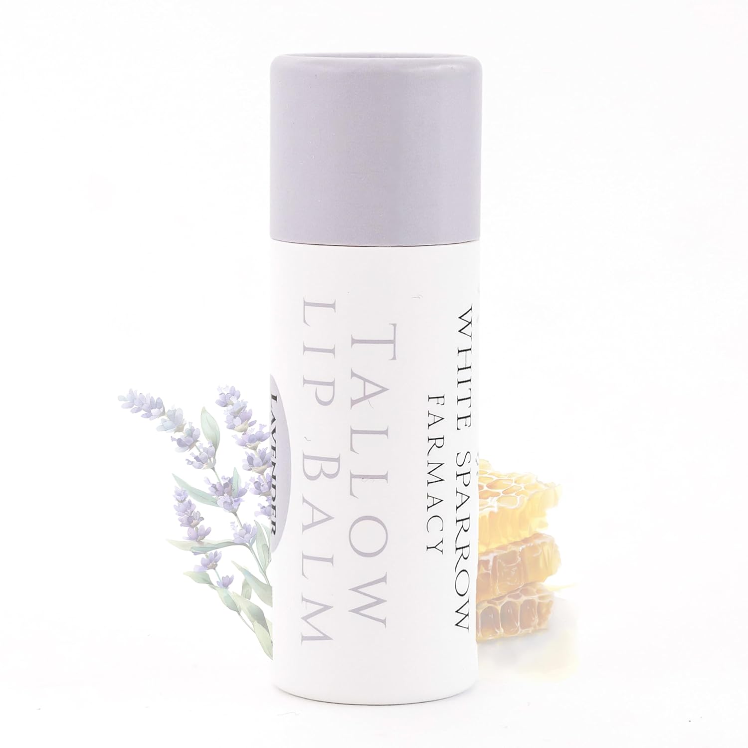 Organic Tallow Lip Balm (Lavender & Honey) From Grass Fed Cows. Super Hydrating With Tallow, Olive Oil, Honey, And Beeswax. Sustainable Cardboard Tubes & Hand Filled. Jumbo Size 0.5 Oz