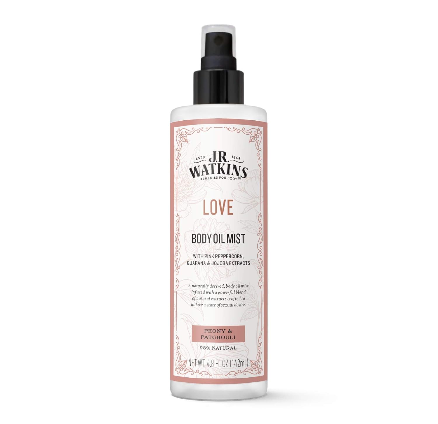 J.R. Watkins Love Body Oil Mist, Hydrates Skin And Boosts Stimulation, Natural Peony & Patchouli, 4.8 Oz