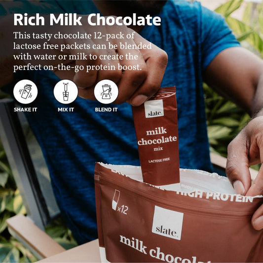 Slate Milk - High Protein Drink Mix Powder - Milk Chocolate, 12 Packets - Lactose Free, 20G Protein, 0G Sugar, 100 Calories, 2G Carbs, No Added Sugar - Breakfast Boost - Post Workout - 27G Per Stick