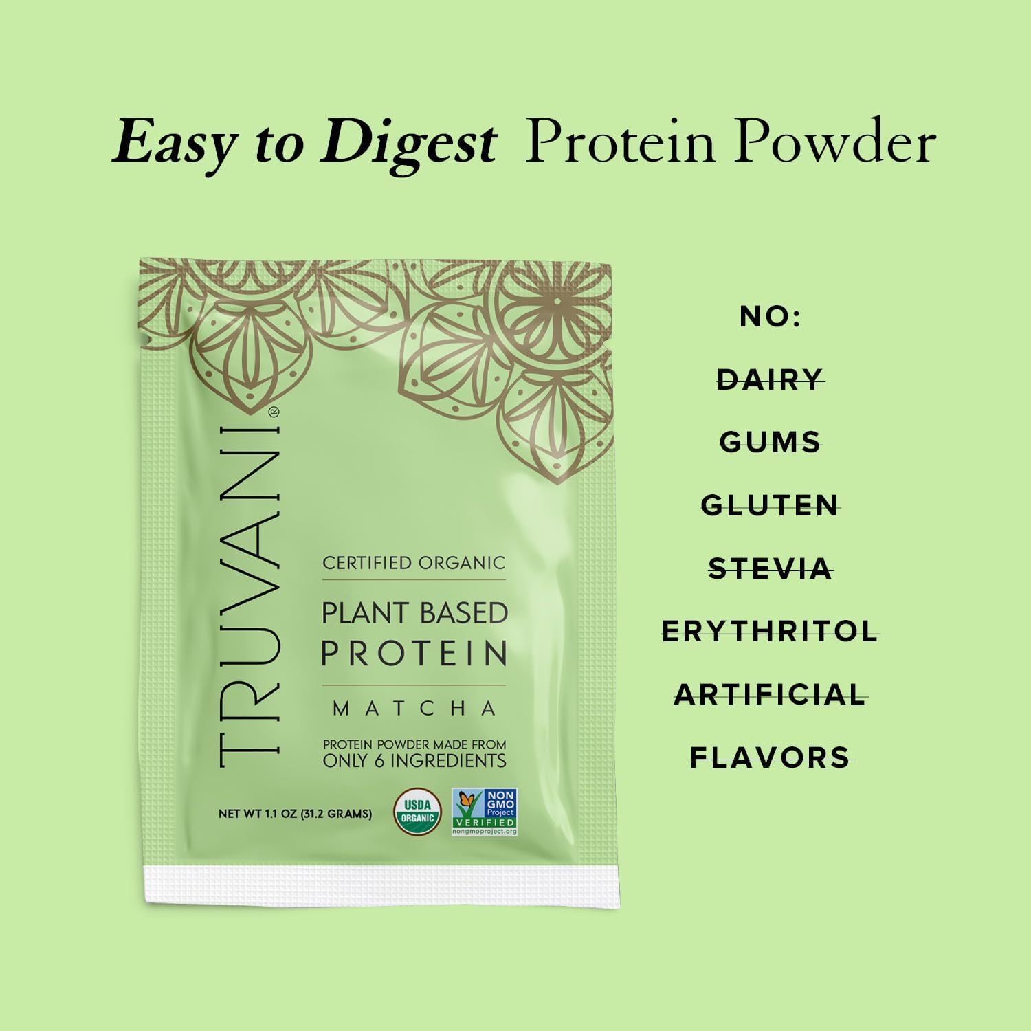 Truvani Vegan Pea Protein Powder | Matcha | 20g Organic Plant Based Protein | 1 Serving | Keto | Gluten & Dairy Free | Low Carb | No Added Sugar : Health & Household