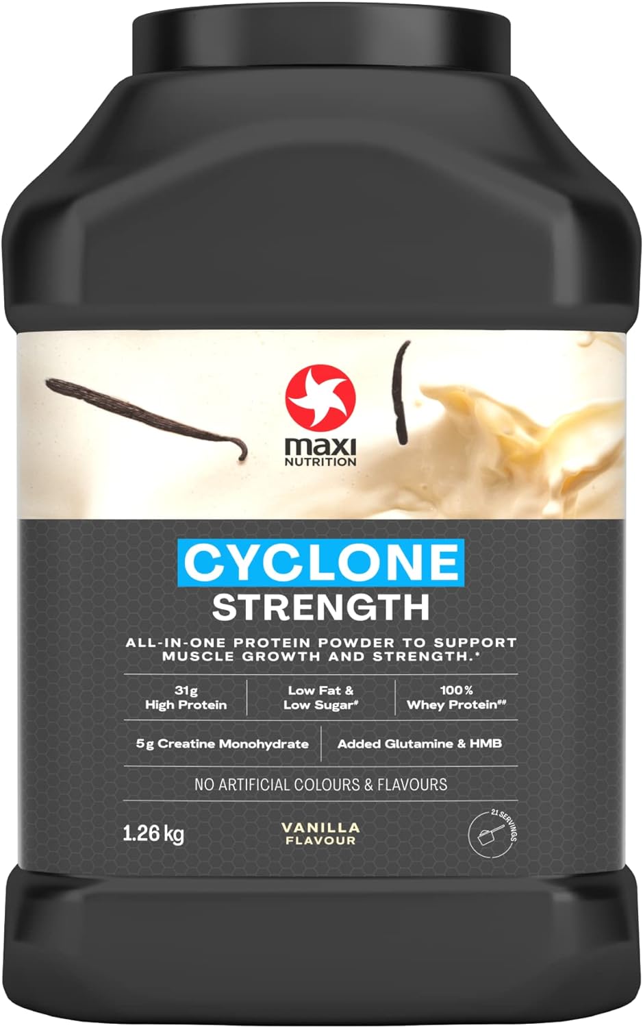MaxiNutrition - Cyclone, Vanilla - Premium Whey Protein Powder with Added Creatine ? Low in Sugar and Fat, Vegetarian-Friendly - 31g Protein, 206 kcal per Serving, 1.26kg