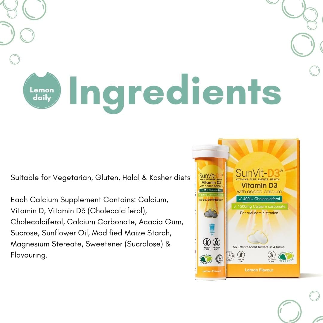 Sunvit-D3 Dissolvable Effervescent Lemon Calcium Fizzy Tablets 600mg, with Vitamin D3 400IU Daily Support for Strong Bones & Immune Health, Effervescent Calcium and Vitamin D Tablets 14 X 4 Tubes : Amazon.co.uk: Health & Personal Care