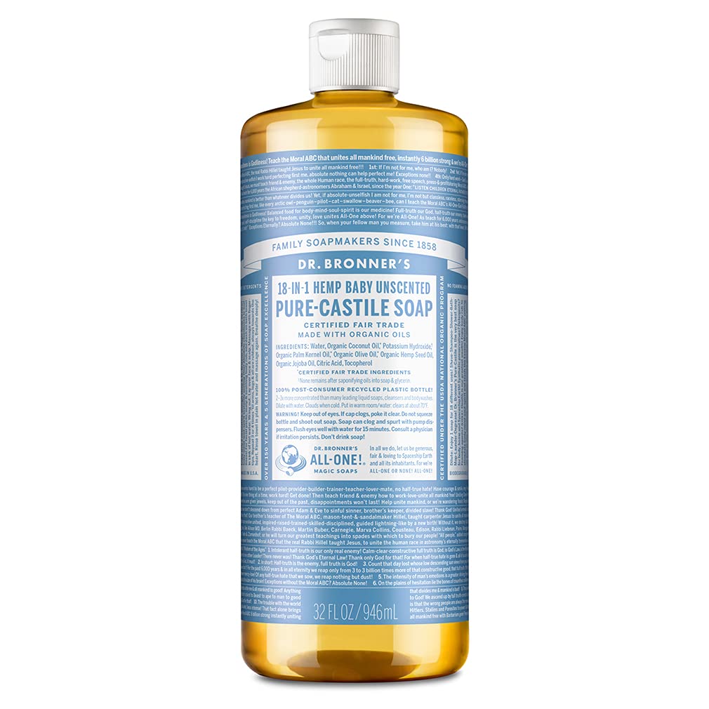 Dr. Bronner's - Pure-Castile Liquid Soap (Baby Unscented, 32 ounce) - Made with Organic Oils, 18-in-1 Uses: Face, Hair, Laundry and Dishes, For Sensitive Skin & Babies, No Added Fragrance, Vegan