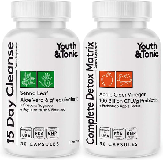 Youth & Tonic Detox Cleanse Extra Water Loss Kick Off Weight Management | Acv Detox 15 Day Colon Cleanse Water Away |150 Pills