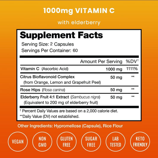 Vitamin C 1000mg with Rose Hips | Vitamin C Supplement with Elderberry & Citrus Bioflavonoids | Kids Immune Boosting Supplement | Non-GMO Antioxidants Supplement | 500mg Vitamin C Capsules Pill