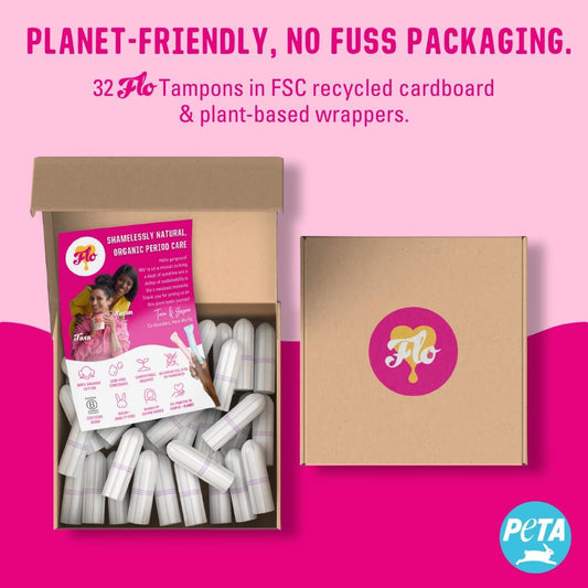 FLO Super Plus Non-Applicator Highly Absorbent Tampons - 100% Organic Cotton & Biodegradable - 32 Super Plus Tampons