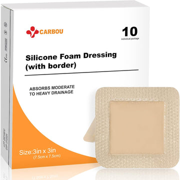 Carbou 10Pcs Silicone Foam Dressing 4"X 4"(10 Cm X 10 Cm) - With Border Adhesive Waterproof Central Ultra Absorbent-Foam (2.5" X 2.5") Square Dressing Waterproof Silicone Wound Bandage