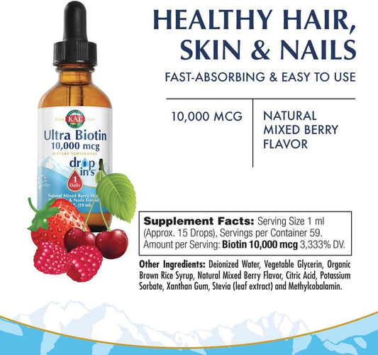 KAL Ultra Biotin 10000mcg DropIns, Liquid Biotin Drops, Hair Growth Supplement, High Potency Vitamin B7, Healthy Hair, Skin, Nails and Energy Support, Natural Mixed Berry Flavor, Approx. 59 Serv, 2oz